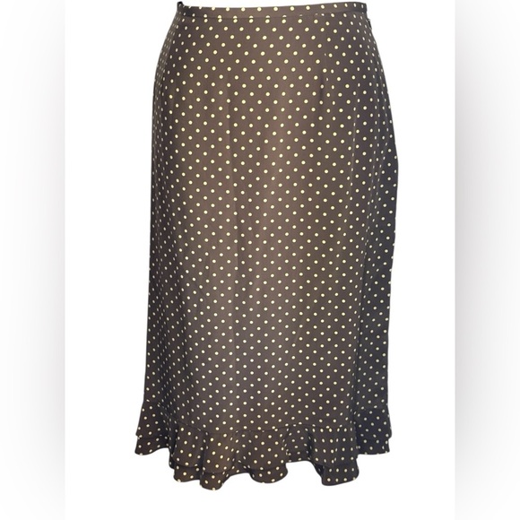 Kate Hill Brown Polka Dot 100% Silk Skirt Straight Ruffle Bottom Sz 8 preloved - Picture 4 of 8